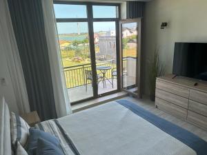 a bedroom with a bed and a television and a balcony at Pensiunea Livada Techirghiol in Techirghiol