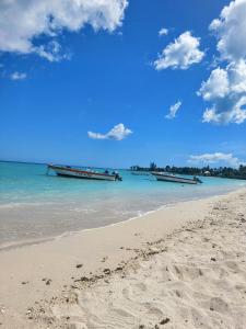 due barche in acqua su una spiaggia di Studio de la plage d'Albion a Mauritius