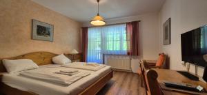 a bedroom with a bed and a desk and a television at Sporthotel Dachstein West in Annaberg im Lammertal