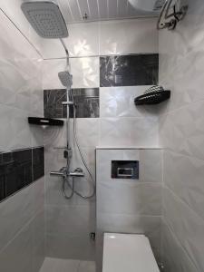 a bathroom with a shower and a toilet at Magi Sunrise in Balchik +16 photos