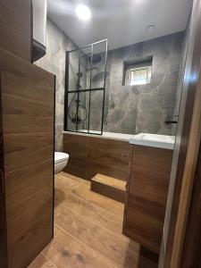 a bathroom with a shower and a toilet and a sink at Domek przy Rozpadlisku 2 in Podgórzyn +9 photos