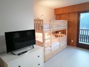 sypialnia z 2 łóżkami piętrowymi i telewizorem z płaskim ekranem w obiekcie Superbe studio 4 pers au Grand-Bornand avec balcon, navette proche - FR-1-241-245 w mieście Le Grand-Bornand