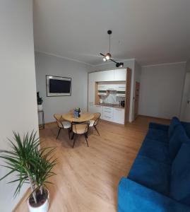 a living room with a blue couch and a table at Apartament Willa Kilińskiego in Grudziądz