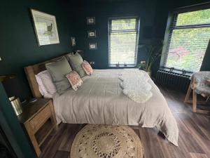 a bedroom with a large bed and two windows at The Annexe at Fishponds in Glastonbury