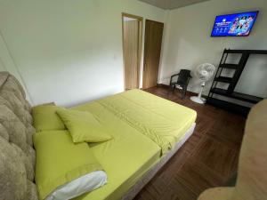 a bedroom with a bed with yellow sheets and a tv at Centro agroecoturistico las heliconias in Monterrey