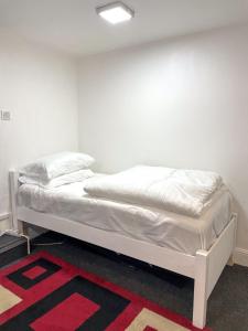 a white bed in a room with a red rug at Large Studio Flat in heart of Camden market in London