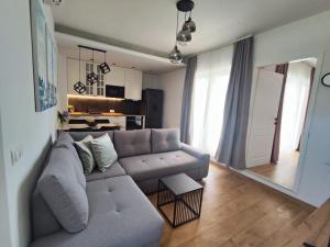 ein Wohnzimmer mit einer grauen Couch und einer Küche in der Unterkunft Apartment FortyTwo in Orebić + 7 Fotos