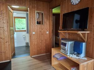 un soggiorno con TV e forno a microonde di Ferienhaus Tamara In Eppenschlag a Eppenschlag
