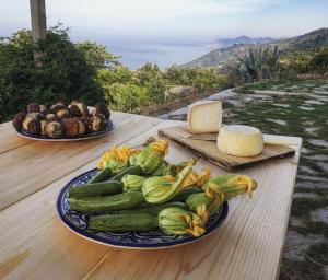 a table with a plate of cucumbers and a plate of cheese at Rifugio Cinque Terre in Biassa