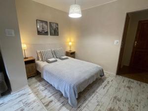 a bedroom with a bed and two night stands and two lamps at Willa Avita in Karpacz