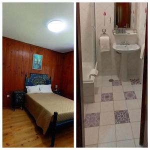 Un dormitorio con una cama y un baño con lavabo. en Casa do Cadaval, en Rio Caldo 23 fotos más