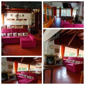 Tres fotografías de una sala de estar con un sofá rosa. en Casa do Cadaval, en Rio Caldo