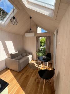 梅彻林基Tiny House的客厅里有一张沙发和一张桌子。