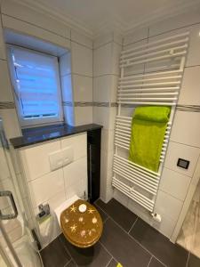 a small bathroom with a toilet and a window at Ilonas Home in Baden-Baden