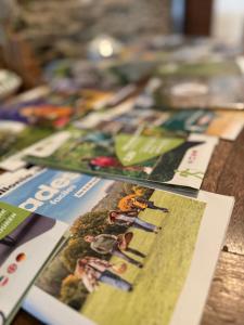 a table topped with brochures on a wooden table at Arduinna's Nest B&B in Neufchâteau