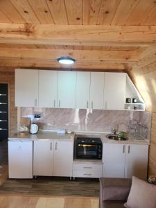 a kitchen with white cabinets and a microwave at ROMANIJA 2-Brvnara za odmor in Han Pijesak