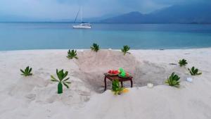 a miniature table in the sand on a beach at All-Inclusive Paradise Experience - Boat Tour, Snorkeling & Island Camping  +10 photos