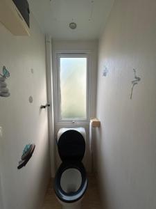 a bathroom with a black toilet and a window at mobil home AU SOLEIL in La Roque-dʼAnthéron