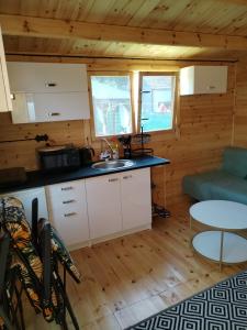 a kitchen and living room in a log cabin at Słoneczna Przystań II in Wrzosowo