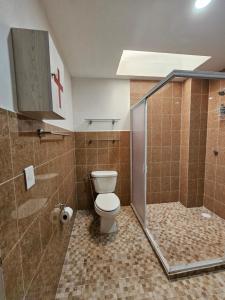 a bathroom with a toilet and a shower at Sensity Home Habitación 5 A Cómoda y calida con baño compartido in Tehuacán +9 photos