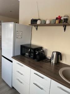 a kitchen with a white refrigerator and a microwave at Aia apartment in Valga +4 photos