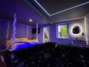 purpurowa sypialnia z łóżkiem i wanną w obiekcie Aux 67 nuances - Spa w mieście Châtenois