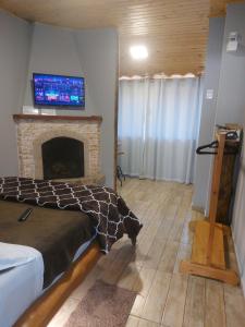 a bedroom with a fireplace and a tv on the wall at Recanto das Glicínias in Monte Verde