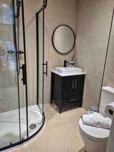 a bathroom with a shower and a sink and a toilet at 23 Lux stylish 2 bed 2 bath with balcony NEC n12 in Birmingham +14 photos