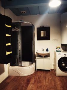a bathroom with a shower and a sink at Ubytovanie Domček Paradajz in Banská Štiavnica