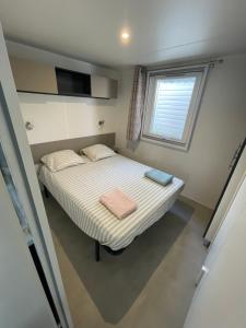 瓦尔拉普拉日Mobil Home CAMPING LES SABLES DU MIDI的一间有床和窗户的小卧室