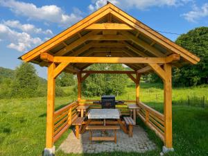 a wooden pavilion with a picnic table and a grill at Căsuțele din Poiană in Satu Şugatag +46 photos