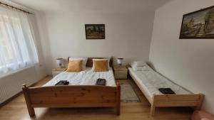a bedroom with two beds and a window at Tuba Apartman in Kiskunhalas