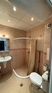 a bathroom with a shower and a toilet and a sink at Двустаен апартамент с прекрасна морска гледка и голяма тераса на самия бряг на морето in Elenite