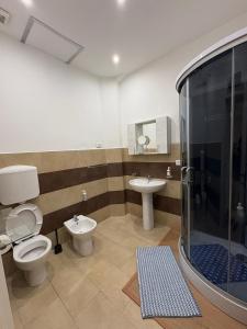 a bathroom with a shower and a toilet and a sink at Casa Alimonda in Genoa +11 photos