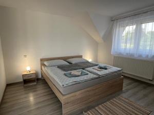 a bedroom with a bed and a window at Ubytovanie PLATAN in Bartošovce +9 photos