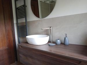 Un baño con un lavabo blanco y un espejo. en Relax sull'Appennino, en Riolunato 27 fotos más