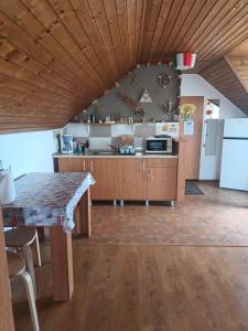 a kitchen with a table and a refrigerator at Casa OZZY&PATTY in 2 Mai +45 photos