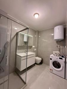 Un baño con lavadora y lavadora. en Apartman Crystal Centar, en Novi Pazar