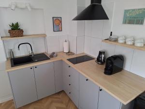 a small kitchen with white cabinets and a sink at Apartament Pod Malnikiem in Muszyna +2 photos