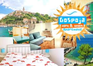 a collage of pictures of a bedroom with a view of the ocean at Gospoja Park & Beach Apartment Vrbnik in Vrbnik