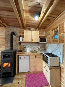 a kitchen with a stove top oven in a cabin at Brvnara Panda Tara in Rača +24 photos