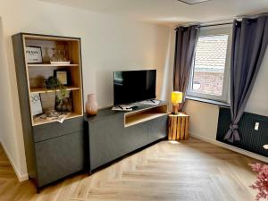 a living room with a flat screen tv on a cabinet at Infinity-Flat Würselen City in Würselen