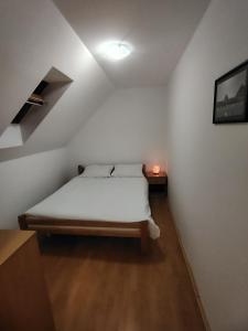 a bedroom with a bed in a white room at Studio Apartman Lenka in Soko Banja
