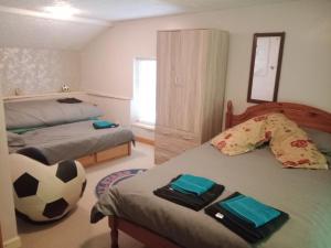 a bedroom with two beds and a soccer ball on the bed at Cosy Rural Gilbert Hights Llandovery Cynghordy in Cynghordy
