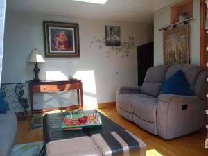 a living room with a couch and a table at Cosy Rural Gilbert Hights Llandovery Cynghordy in Cynghordy