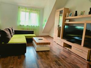 Una sala de estar con un sofá y un televisor de pantalla plana. en City-Apartment, en Sinsheim