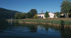 a view of a river with a building in the background at Apartment Vogelsinger in Ossiach