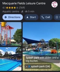 Un collage de fotos de una piscina y un tobogán. en Entire Place Private Luxe 1BR with 1BA 1K 1LR, en Ingleburn