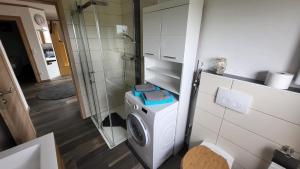 a bathroom with a washing machine and a shower at Ferienwohnung Himmelblick in Burgoberbach +23 photos