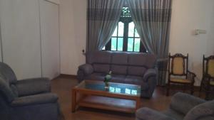 Una sala de estar con un sofá y una mesa de café. en Villa rajagiriya, en Nikawatawana